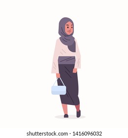 arabic woman in hijab arab girl wearing headscarf traditional clothes standing pose arabian female cartoon character with handbag full length flat