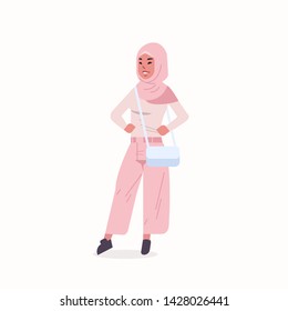 arabic woman in hijab arab girl wearing headscarf traditional clothes standing pose arabian female cartoon character with handbag full length flat