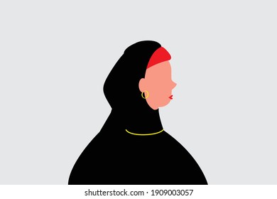 Arabic woman with hijab and earrings. No face features character of an arabe adult lady in middle east region. Women's day concept. Flat vector illustration.	