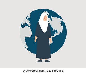 Arabic woman with hijab in front of the world. Muslim girl from middle east wears a scarf and stands next to the globe. Arabian Women's day, mother's day, earth day, women empowerment concept