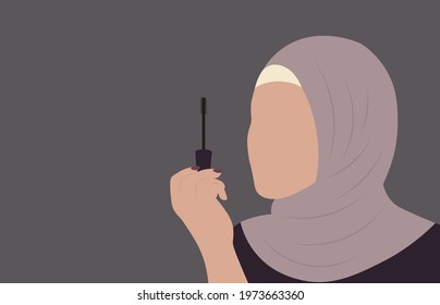 Arabic woman in hijab holding mascara put makeup, wearing traditional islamic clothes abaya faceless model from UAE or Saudi Arabia