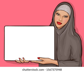 Arabic woman in hijab holds white poster. Muslim girl in traditional clothes showing blank square placard. Vector pop art illustration with copy space on billboard