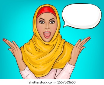 Arabic woman in hijab shocked. Suprised muslim girl in yellow veil with open mouth. Vector pop art illustration with speech bubble on blue background