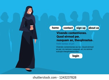 Arabic woman holding coffee cup wearing traditional clothes black saree arab businesswoman female cartoon character avatar blue background flat copy space horizontal