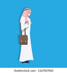 Arabic woman holding handbag wearing traditional clothes white saree arab businesswoman female cartoon character avatar blue background flat vector illustration