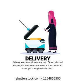 arabic woman loading box robot self drive fast delivery goods in city car robotic carry concept isolated copy space flat vector illustration