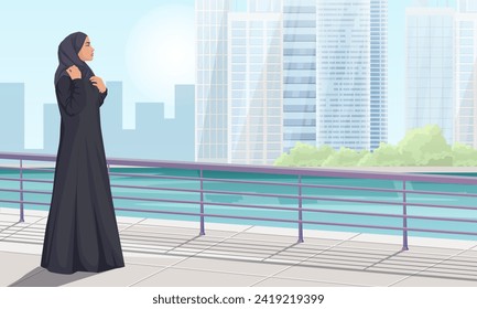 Arabic woman, middle east female. Cityscape panoramic view in background. Young attractive muslim girl, beautiful lady, gorgeous person wearing hijab. Vector illustration.