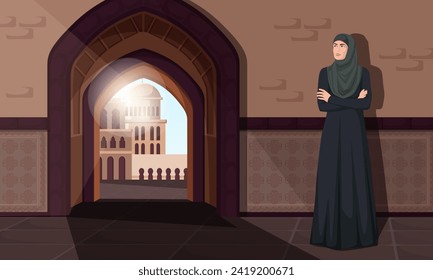 Arabic woman. Person wearing hijab. Poster of Arabian female in cityscape. Traditional mosque panoramic view. Happy muslim lady at city street. Vector illustration