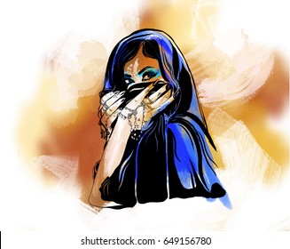 Arabic Woman Portrait On Watercolor Background.