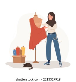 Arabic woman seamstress at mannequin takes measurements. Young female tailor create clothes in studio. Fashion designer or dressmaker. Vector illustration in flat cartoon style. Hobby concept.