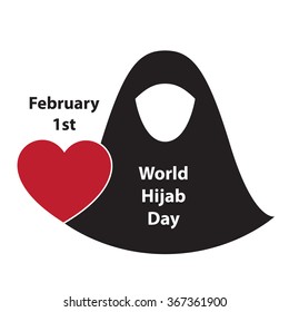 Arabic woman silhouette. Muslim girl, heart shape, text World Hijab Day.