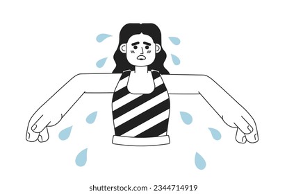 Arabic woman with sweaty armpits monochromatic flat vector character. Sweating girl feels discomfort. Editable thin line half body person on white. Simple bw cartoon spot image for web graphic design