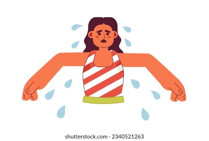 Mujer árabe con axilas sudorosas de color semi-plano de carácter vector. La chica sudorosa se siente incómoda. Media persona de cuerpo editable en blanco. Ilustración simple de dibujos animados para el diseño gráfico web