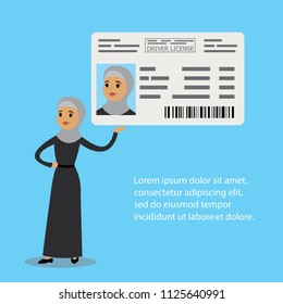 Arabic woman in traditional clothes with driver license,flat vector illustration