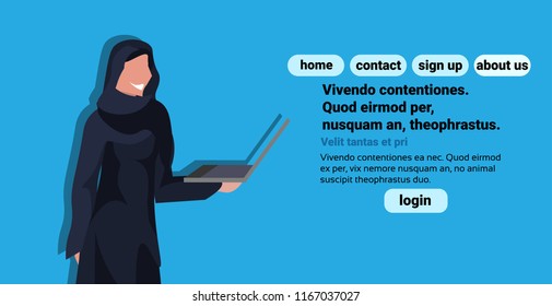 Arabic woman using laptop wearing traditional clothes black saree arab businesswoman female cartoon character avatar blue background flat portrait horizontal copy space vector illustration