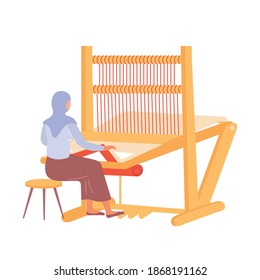 Arabic woman weaving carpet on weaver loom flat vector illustration