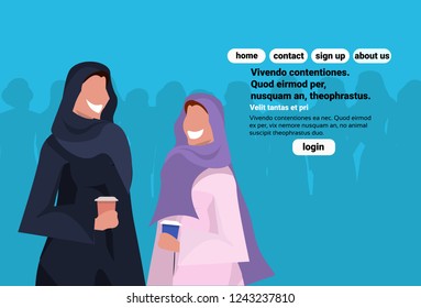 Arabic women holding coffee cup wearing traditional clothes , saree. Arab businesswomen female cartoon character avatars. blue background portrait flat copy space horizontal