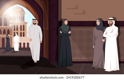 Arabic women and men. Poster of Arabian people in cityscape. Traditional mosque panoramic view. Happy and smiling muslim woman and man. Person wearing hijab. Vector illustration