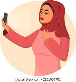 Arabic young woman in hijab making selfie, Muslim girl in fashion traditional dress from UAE or Saudi Arabia posing, islamic model vector illustration