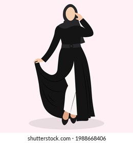 Arabic young woman in hijab, Muslim girl in fashion traditional black dress abaya from UAE or Saudi Arabia posing, facaless islamic model vector illustration