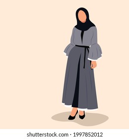 Arabic young woman in hijab, Muslim girl in fashion traditional black dress abaya from UAE or Saudi Arabia posing, faceless islamic model vector illustration