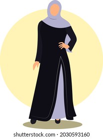 Arabic young woman in hijab, Muslim girl in fashion traditional black dress abaya from UAE or Saudi Arabia posing, islamic model vector illustration