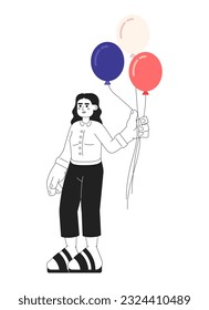 Arabic young woman holding red white and blue balloons monochromatic flat vector character. US holiday. Editable line full body person on white. Simple bw cartoon spot image for web graphic design