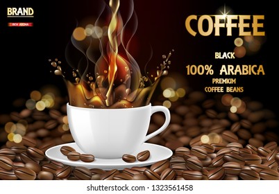 Arabica black coffee cup with splash and beans ads. 3d illustration of hot arabica coffee mug. Product design. Vector