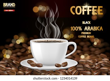 Arabica coffee cup with smoke and beans ads. 3d illustration of hot arabica coffee mug. Product package design background. Vector