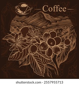 Arabica coffee in gold ink illustration on paper for packaging label, poster, brochure, art print, promotion, cover, wall paper. victorian style drawing.