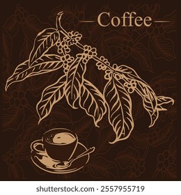 Arabica coffee in gold ink illustration on paper for packaging label, poster, brochure, art print, promotion, cover, wall paper. victorian style drawing.