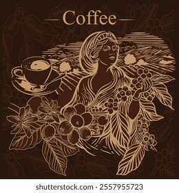 Arabica coffee in gold ink illustration on paper for packaging label, poster, brochure, art print, promotion, cover, wall paper. victorian style drawing.