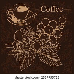 Arabica coffee in gold ink illustration on paper for packaging label, poster, brochure, art print, promotion, cover, wall paper. victorian style drawing.