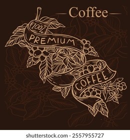 Arabica coffee in gold ink illustration on paper for packaging label, poster, brochure, art print, promotion, cover, wall paper. victorian style drawing.