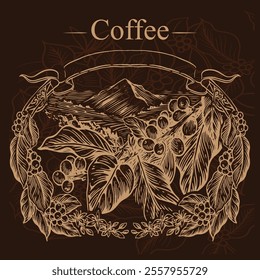 Arabica coffee in gold ink illustration on paper for packaging label, poster, brochure, art print, promotion, cover, wall paper. victorian style drawing.