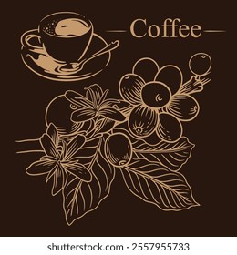 Arabica coffee in gold ink illustration on paper for packaging label, poster, brochure, art print, promotion, cover, wall paper. victorian style drawing.