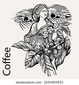 arabica coffee in ink drawing on paper for graphic design, packaging, label, poster, promotional art, art print, display, wallpaper on coffee shop, restaurant, office. coffee sketch with black ink