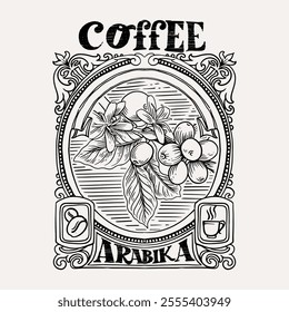 arabica coffee in ink drawing on paper for graphic design, packaging, label, poster, promotional art, art print, display, wallpaper on coffee shop, restaurant, office. coffee sketch with black ink