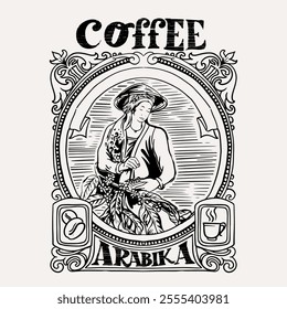 arabica coffee in ink drawing on paper for graphic design, packaging, label, poster, promotional art, art print, display, wallpaper on coffee shop, restaurant, office. coffee sketch with black ink