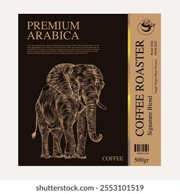 Café de Arábica en estilo de ilustración de tinta con Diseño gráfico para póster, etiqueta, embalaje, pegatina, impresión de arte, folleto, Anuncio. Label Pack en tema de café con cultura balinesa, elefante, bote, le