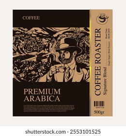 Café de Arábica en estilo de ilustración de tinta con Diseño gráfico para póster, etiqueta, embalaje, pegatina, impresión de arte, folleto, Anuncio. Label Pack en tema de café con cultura balinesa, elefante, bote, le