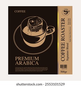 Café de Arábica en estilo de ilustración de tinta con Diseño gráfico para póster, etiqueta, embalaje, pegatina, impresión de arte, folleto, Anuncio. Label Pack en tema de café con cultura balinesa, elefante, bote, le