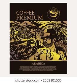 Café de Arábica en estilo de ilustración de tinta con Diseño gráfico para póster, etiqueta, embalaje, pegatina, impresión de arte, folleto, Anuncio. Label Pack en tema de café con cultura balinesa, elefante, bote, le