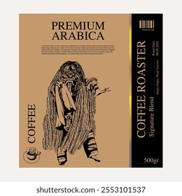 Café de Arábica en estilo de ilustración de tinta con Diseño gráfico para póster, etiqueta, embalaje, pegatina, impresión de arte, folleto, Anuncio. Label Pack en tema de café con cultura balinesa, elefante, bote, le