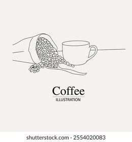 Arabica coffee in ink illustration style with graphic design for poster, label, packaging, sticker, art print, brochure, banner. woodcut art into coffee theme with Balinese culture, elephant, boat, le