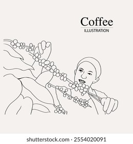 Arabica coffee in ink illustration style with graphic design for poster, label, packaging, sticker, art print, brochure, banner. woodcut art into coffee theme with Balinese culture, elephant, boat, le