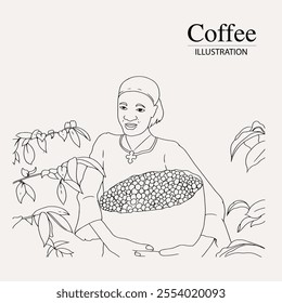 Arabica coffee in ink illustration style with graphic design for poster, label, packaging, sticker, art print, brochure, banner. woodcut art into coffee theme with Balinese culture, elephant, boat, le