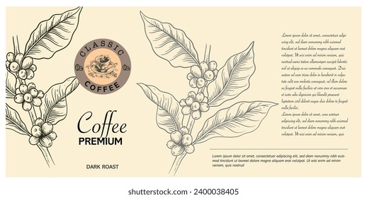 empaque de etiqueta de café arabica del dibujo de boceto de tinta, vintage ilustrativo, diseño sencillo para la comercialización de productos de etiqueta adhesiva de empaque. estilo de diseño vintage.