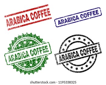 ARABICA COFFEE seal prints with damaged texture. Black, green,red,blue vector rubber prints of ARABICA COFFEE title with corroded texture. Rubber seals with round, rectangle, medal shapes.