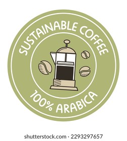 Arabica coffee sustainable beverage, aromatic drink with rich tasty. Isolated icon with beans. Delicious blend, cafe or restaurant. Label or emblem, logotype for product package. Vector in flat style